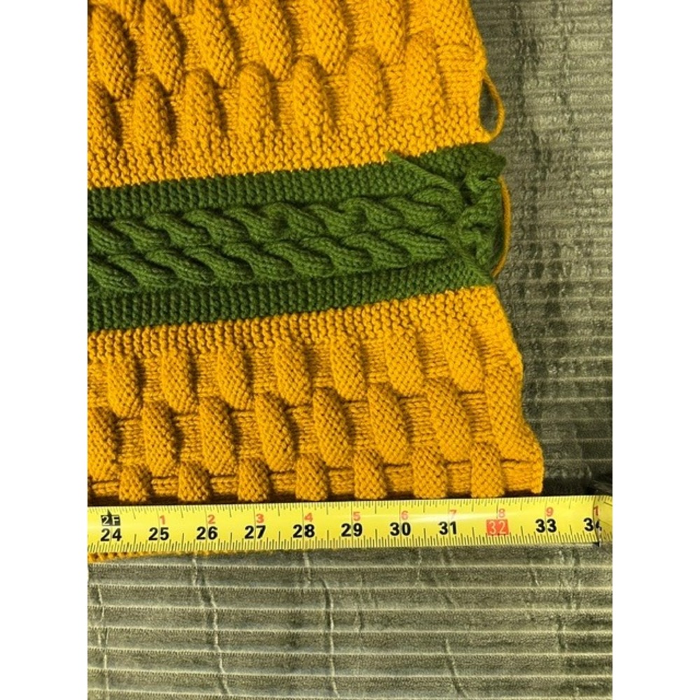 Handmade Crochet Blanket Orange Olive Green Striped Cable Basketweave 30x66 - Picture 5 of 6